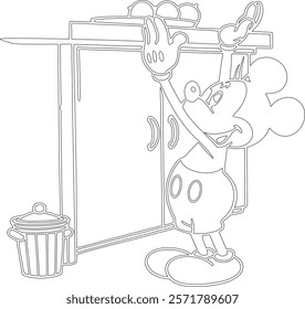 Simple outline drawing of a mickey-mouse-standing-on-tiptoes--trying-to-reach, crafting, and educational use