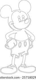 Simple outline drawing of a mickey-mouse-standing-with-hands-on-hips--smiling perfect perfect for coloring, crafting, and educational use