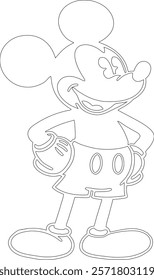 Simple outline drawing of a mickey-mouse-standing-with-hands-on-hips--smiling  perfect for coloring, crafting, and educational use