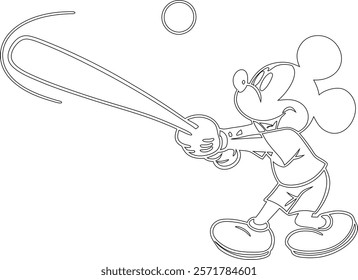 Simple outline drawing of a mickey-mouse-swinging-a-baseball-bat-and-hitting,  perfect for coloring, crafting, and educational use