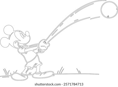 Simple outline drawing of a mickey-mouse-swinging-a-baseball-bat-and-hitting,  perfect for coloring, crafting, and educational use