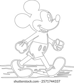 Simple outline drawing of a mickey-mouse-walking-happily-with-a-bounce, perfect for coloring, crafting, and educational use