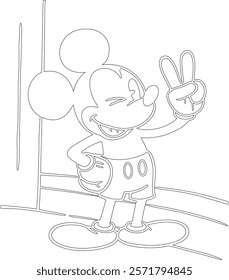 Simple outline drawing of a mickey-mouse-winking-and-giving-a-peace-sign , crafting, and educational use