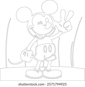 Simple outline drawing of a mickey-mouse-winking-and-giving-a-peace-sign , crafting, and educational use