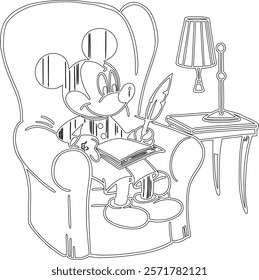 Simple outline drawing of a mickey-mouse-writing-in-a-diary-with-a-feather-pen'  perfect for coloring, crafting, and educational use