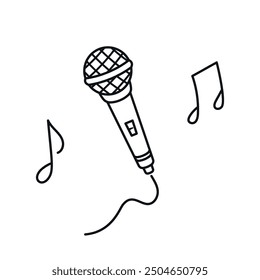 Simple Outline Drawing Of A Microphone And Music Notes Isolated On A White Background Representing Music