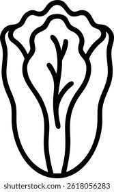 A simple outline drawing of a napa cabbage, showcasing its layered leaves and prominent central veins detail