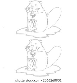 Simple outline drawing of a North American beaver with a distinctive tail and detailed fur, perfect for coloring and educational projects