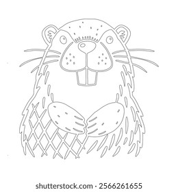 Simple outline drawing of a North American beaver with a distinctive tail and detailed fur, perfect for coloring and educational projects