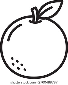 Dibujo de contorno simple de una naranja con una hoja en la parte superior