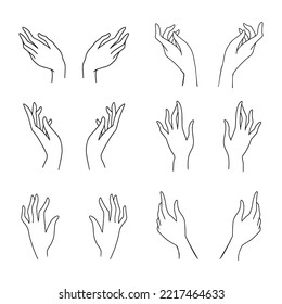 A simple outline drawing of the palms of the hands. Vector black and white sketch of giving hands. isolated set on transparent background