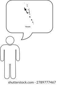 A simple outline drawing of a person with a speech bubble above their head containing a map of Vanuatu.