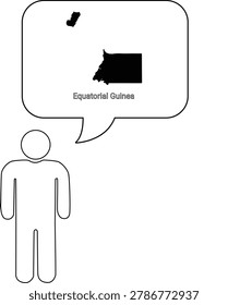 A simple outline drawing of a person with a thought bubble containing the map of Equatorial Guinea.