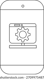 Un simple dibujo de contorno de un teléfono con un icono de configuración de computadora que se muestra en su pantalla