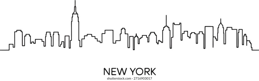 Simple outline drawing representing new york city skyline silhouette with iconic buildings and city name below outline drawing