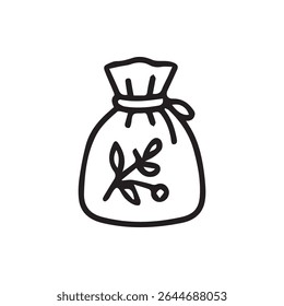 Simple outline drawing of a sack filled with herbs embodying organic food freshness and sustainable practices for food product design