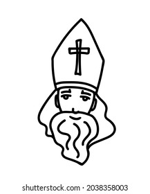 Simple outline drawing. Saint Nicholas Day, Sinterklaas with a beard, in a miter. Traditional holiday.