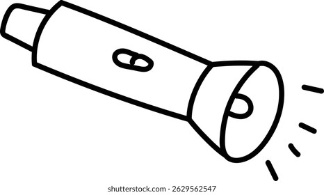 Um simples desenho de esboço mostra uma lanterna com um feixe de luz.  O dispositivo portátil de iluminação da foto emite um raio de luz brilhante. Ilustração de vetor de desenhos animados
