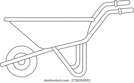 simple outline drawing of a standard wheelbarrow featuring a single front wheel sturdy handles and a deep bin designed for transporting materials this vector illustration is perfect for gardening projects construction themes or as a general utility tool icon isolated on a transparent grid background