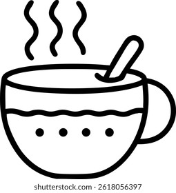 A simple outline drawing of a steaming cup, complete with a spoon and decorative dots on the side.