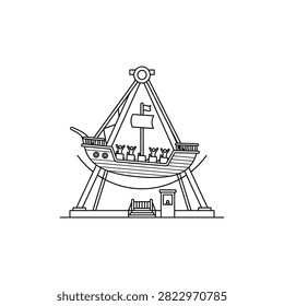 A simple outline drawing of a swinging pirate ship carnival ride with people on board and a small ticket booth underneath
