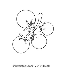 Simple outline drawing of tomatoes on a vine in minimal vector style. 
Perfect for coloring pages, botanical sketches, and food-themed illustrations.
