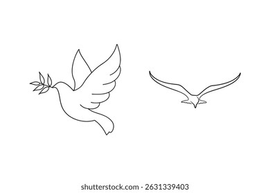 Simple outline drawings of a dove symbolizing peace and a flying bird