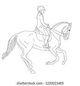 Simple outline of the dressage rider and horse performing canter. 
