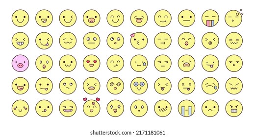 Einfache Umriss-Emoji-Symbole gesetzt. Moderne Design-Emoticons stehen der Symbolsammlung gegenüber.  Set von Vektorgrafik , Emotionen und Gefühl wie glücklich, wütend, traurig, lachen, zittern und schwindelnde Gesichter.