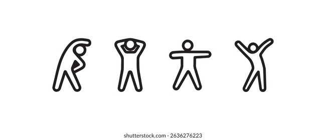 Simple outline figures in various stretching and exercise poses.