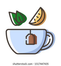 Simple outline filled icon - black or green tea, cup or mug with hot herbal drinks and mint leaves, lemon for breakfast, isolated colorful vector symbol on white background.