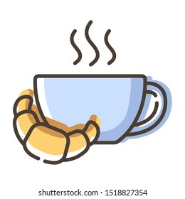 Simple outline filled icon - coffee, coffee brewing equipment, cup or mug with hot drinks and desserts for breakfast, isolated colorful vector symbol on white background.