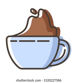 Simple outline filled icon - coffee or tea, cup or mug with hot energetic  drink or beverage  for breakfast, isolated colorful vector symbol on white background