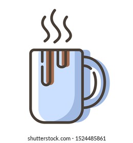 Simple outline filled icon - coffee or tea, cup or mug with hot drinks and desserts for breakfast, isolated colorful vector symbol on white background.