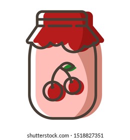 Simple outline filled icon - jar with cherry jam or confiture as dessert for breakfast, sweet food for tea party, isolated colorful vector symbol on white background.