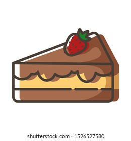 Simple outline filled icon - strawberry and chocolate cake or dessert for breakfast, sweet bakery food, isolated colorful vector symbol on white background.
