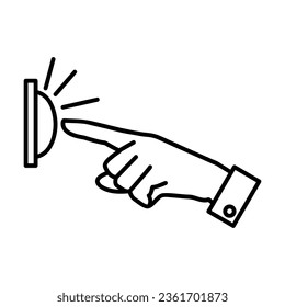 Simple outline of finger pressing alarm side view vector icon. Black line drawing or cartoon illustration of person pressing signal button on white background. Safety, warning concept