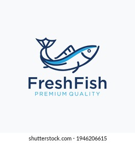 Simple outline fish line art monoline logo Vector badge design. tuna Fresh fish logo emblem label seafood vector icon. Creative symbol of fishing club or online shop.