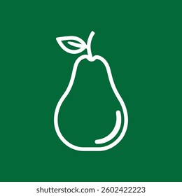 A simple outline of flat icons of a pear with a leaf against a green background. Pear.