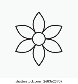 Icono de flor de contorno simple con seis pétalos y centro circular sobre fondo blanco. 