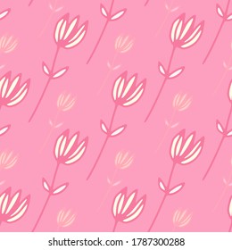 Flores de contorno simple patrón de doodle sin fisuras. Fondo rosa y elementos blancos. Ideal para envolver papel, textil, papel de tela y papel pintado. Ilustración vectorial.