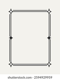 Simple outline frame. Elegant geometric frame with stars on corners. Thin border with double stroke. Design element for greeting card. Linear vector illustration isolated on background