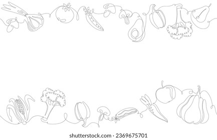 Simple outline frame with Fruits, Vegetables and empty space for text. Vector Background. One line art Style. Frame with organic food. Can be also used like Banner, Flyer, Texture