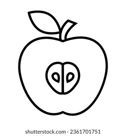 Simple outline of fresh apple cut in half vector icon. Black line drawing or cartoon illustration of ripe fruit isolated on white background. Healthy food, harvest or agriculture concept