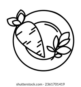 Simple outline of fresh carrot and leaf of plate vector icon. Black line drawing or cartoon illustration of ripe vegetable isolated on white background. Healthy food, harvest or agriculture concept