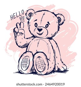 Dibujo simple muñeca de oso divertido sonriendo con texto Hola en grunge pincel traza fondo. Estampado lineal dibujado a mano infantil con oso. Juguete de peluche lindo personaje