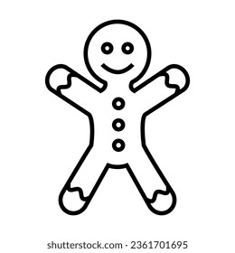 Simple outline of gingerbread cookie in shape of man vector icon. Black line drawing or cartoon illustration of sweet snack on white background. Food, desserts, confectionary, holidays concept