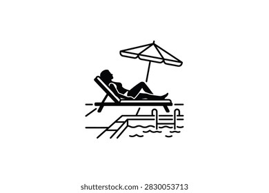 A simple outline graphic featuring a person relaxing on a lounge chair under an umbrella next to a swimming pool