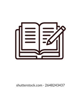 Um simples esboço gráfico de um livro aberto com um lápis ao lado dele. Design monocromático com estilo minimalista.