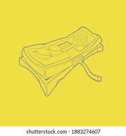 Simple outline grey joypad icon on yellow trendy background. Classic retro gempad icon. Old stylized play console joystick. For t-shirts prints and other projects. Vector illustration.